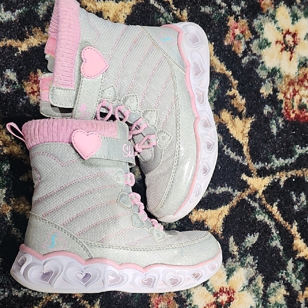 Skechers Pink and Gray Kids' Boots with Heart Details